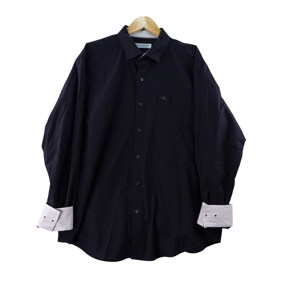 Tommy Bahama Newport Coast Black Flip Cuff Long Sleeve Mens Shirt L Dress Preppy